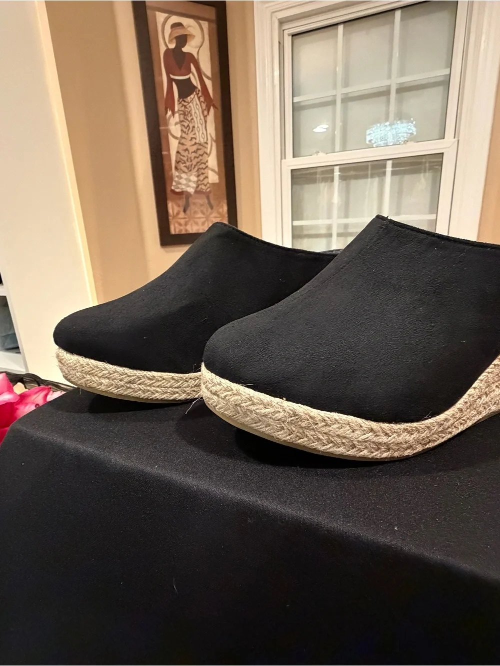 Women's Black Espadrille Wedge Mule